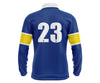Custom yellow and blue long-sleeve school leaver with white accents